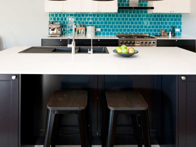 Caesarstone White Shimmer stone benchtop in new kitchen renovation, Frenchs Forest Sydney