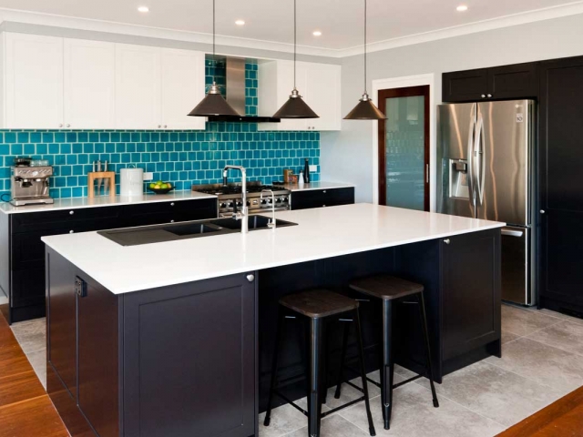 Caesarstone White Shimmer stone benchtop in new kitchen renovation at Frenchs Forest, Sydney