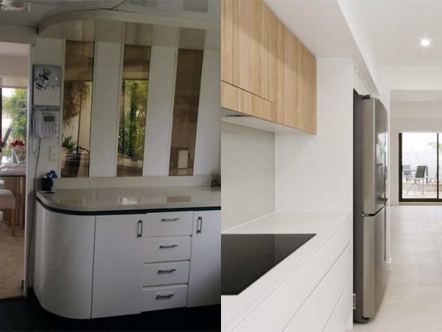 Quantum Quartz Luna White kitchen benchtop, before and after kitchen renovation. Manly apartment renovation by Reno Pack.