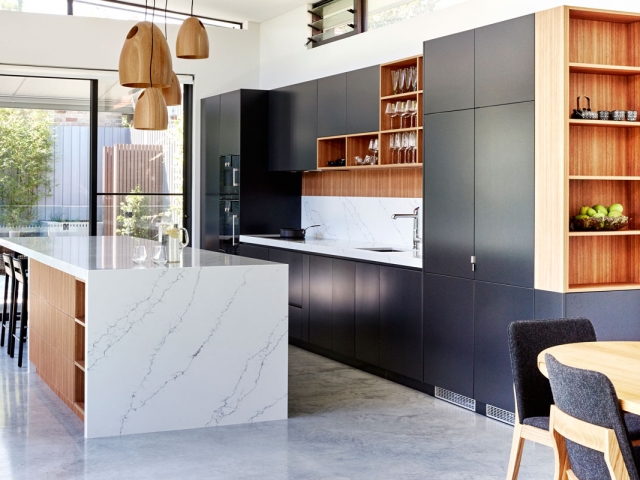 Quantum Quartz Venatino Statuario stone kitchen bench and splashback