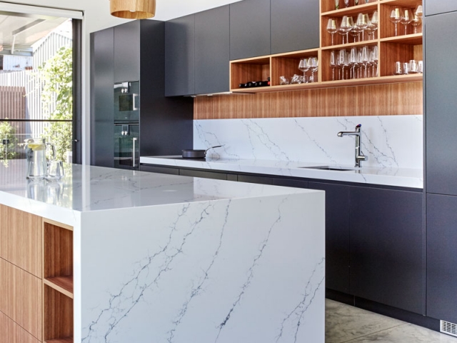 Quantum Quartz Venatino Statuario stone kitchen bench and splashback