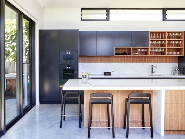 Quantum Quartz Venatino Statuario stone kitchen bench and splashback